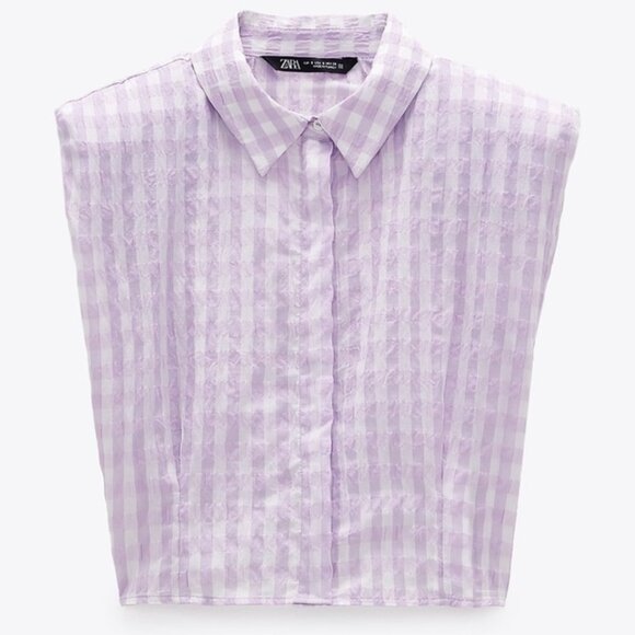 Zara Lilac Gingham Shoulder Pad Cropped Blouse Size S - Picture 3 of 10